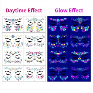 Detail of neon butterfly face tattoos showing daytime and fluorescent effects for festivals