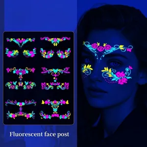 Fluorescent Face Tattoo Stickers Neon Glow UV Reactive Waterproof Butterfly Flower Patterns For Music Festival Party Club Makeup