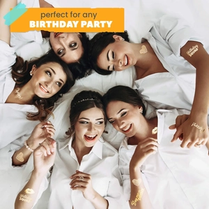 Golden metallic flash tattoos for birthday parties with Birthday SQUAD and Cheers text