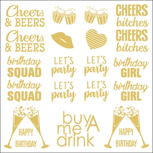 Detail of metallic gold temporary tattoos featuring Cheers & BEERS and birthday SQUAD slogans