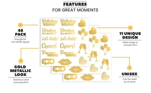 Detailed set of 48 gold metallic birthday party tattoos with 11 unique flash designs