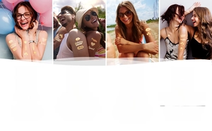 Metallic gold birthday temporary tattoos featuring 'Squad' and 'Cheers' party designs on skin