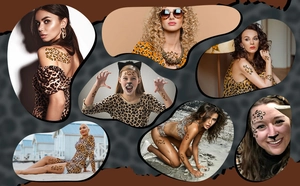 Detailed views of gold and black leopard print face and body temporary tattoo stickers