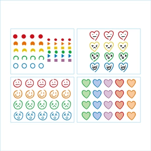 Mise en page vectorielle de tatouages éphémères colorés avec smileys et cœurs