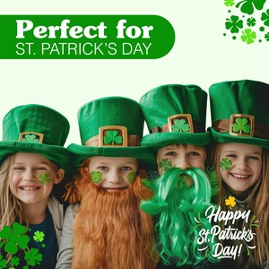 Children wearing St. Patrick's Day green leprechaun hats and orange beards for festive fun