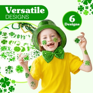 Detail of 6 clover tattoo designs for St. Patrick's Day party makeup on skin