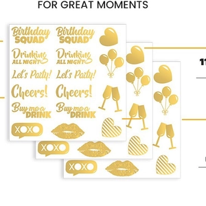 Golden metallic temporary tattoo set with Birthday SQUAD and party designs for women