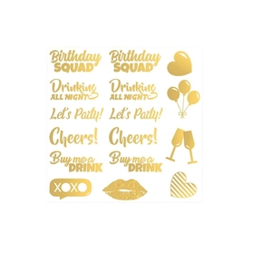 Metallic gold birthday squad temporary tattoos with party themes and drink motifs