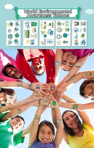 Eco-friendly themed temporary tattoo set for kids featuring green earth and nature designs