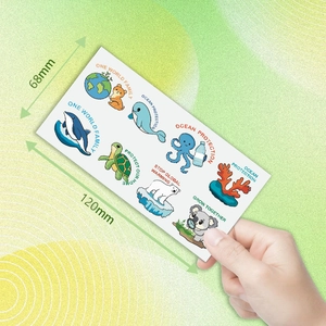 Detail showing 120x68mm eco-friendly temporary tattoos with animal and ocean motifs