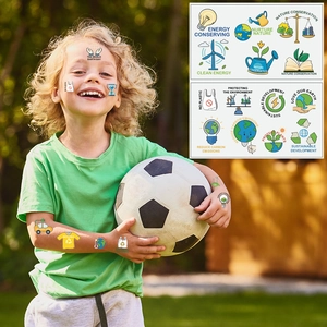 Eco-friendly temporary tattoos for kids featuring green earth and clean energy icons