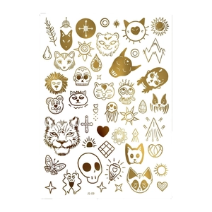 Golden metallic animal and bohemian symbol tattoo stickers featuring lion and sun patterns