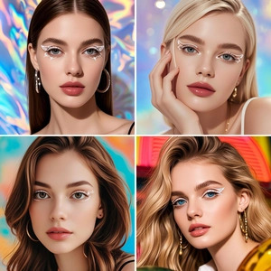 Detailed views of creative white eyeliner stickers featuring stars and wing patterns