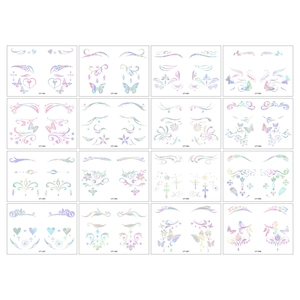 Detailed grid showing 16 holographic butterfly and floral laser eyeliner tattoo sticker designs