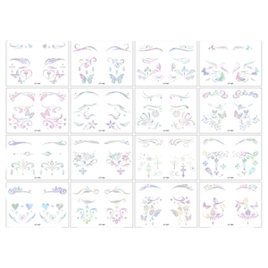 Set of 16 laser holographic face temporary tattoos with butterfly and floral patterns