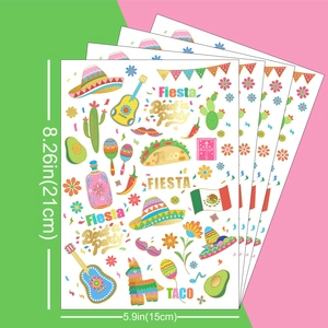Set of 4 Mexican Fiesta temporary tattoos with Sombrero and cactus designs 21x15cm
