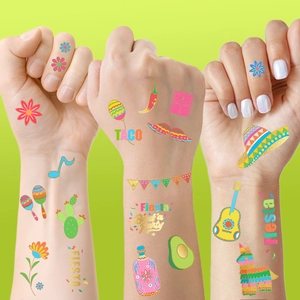 Colorful Mexican Fiesta temporary tattoo set with guitar, taco, and cactus on arms
