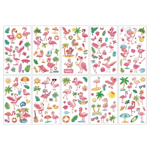 Set of 10 flamingo temporary tattoos for kids with summer beach and palm tree designs