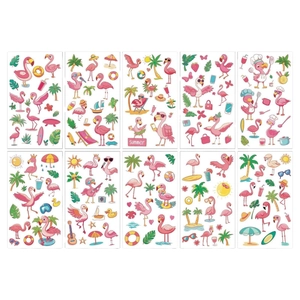 Set of 10 pink cartoon flamingo temporary tattoos for children featuring summer beach themes