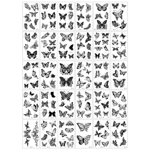 Collection of 30 minimalist black butterfly tattoo stickers in various artistic styles