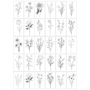 Detail view of 30 minimalist black butterfly and floral line art temporary tattoo stickers