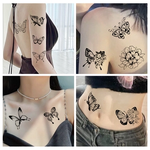 Black butterfly and floral temporary tattoo stickers for women, realistic ink design