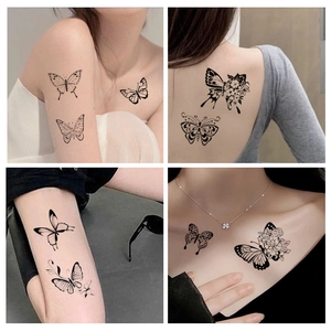 Minimalist black butterfly and rose temporary tattoo stickers for women's arm and back