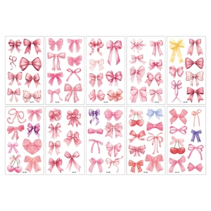 Pink ribbon bow temporary tattoo stickers set with watercolor patterns for girls