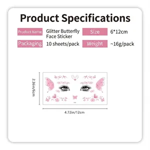 Set of 10 glitter butterfly face stickers for makeup with dimensions 6x12cm each