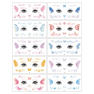 Macro view of 10 colorful glitter butterfly facial tattoo stickers for eye makeup