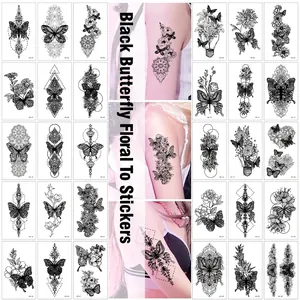 Temporary Tattoo Stickers Waterproof Dark Style Black Line Butterfly Floral Sketch Geometric Minimalist Body Decor For Women