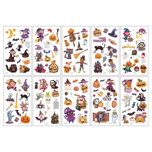Set of 10 glitter Halloween temporary tattoos featuring pumpkins, witches and ghosts