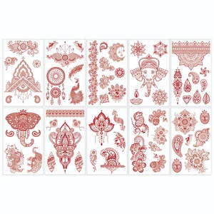Ensemble de 10 tatouages éphémères henné rouge avec motifs mandala et paon détaillés