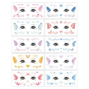 Set of 10 colorful glitter butterfly face stickers and temporary eye tattoos for makeup