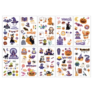 Lot de 10 tatouages temporaires d'Halloween avec citrouilles, fantômes et chauves-souris