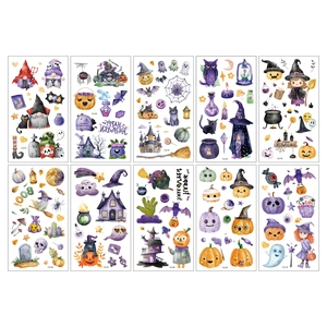 Lot de 10 autocollants d'Halloween à l'aquarelle avec citrouilles, fantômes et sorcières