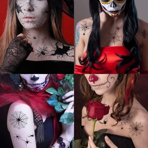 Tatouages temporaires 3D d'araignées d'Halloween pour corps et visage avec toile de fête
