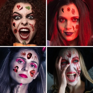 Realistic Halloween scar tattoo stickers with bloody wounds and eye designs for face makeup
