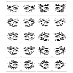 Detail view of ten black butterfly and floral temporary eye tattoo sticker designs