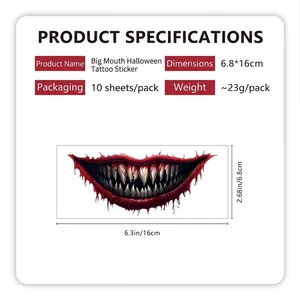 Halloween scary mouth tattoo stickers with sharp teeth design and 6.8x16cm dimensions