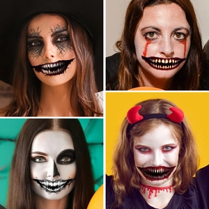 Halloween scary mouth temporary tattoo stickers featuring bloody teeth and stitched smile designs