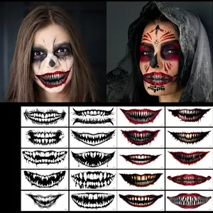 Halloween Scary Big Mouth Temporary Tattoo Stickers Horror Bloody Teeth Lip Decals For Cosplay Masquerade Party Makeup