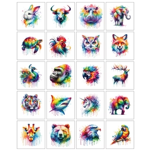 Lot de 20 tatouages temporaires d'animaux en aquarelle avec design artistique coloré