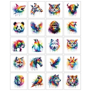 Détail de 20 tatouages éphémères d'animaux aquarelle avec effets d'éclaboussures d'encre