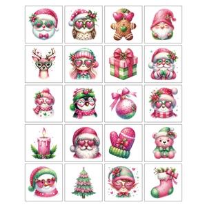 Grille de 20 tatouages temporaires de Noël colorés avec Père Noël, pingouin et cerf