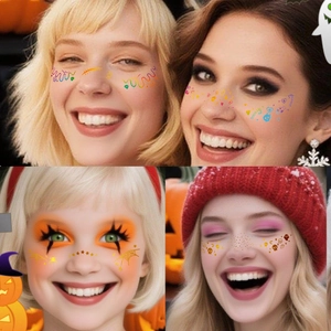 Metallic glitter freckle tattoos for face with Halloween patterns like stars and spiders