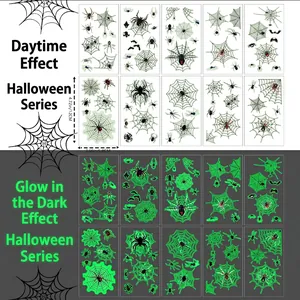 Glow in the dark Halloween tattoos showing blue spider and web patterns in day and night view