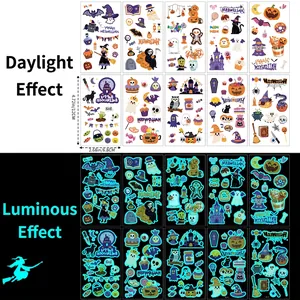 Set of 10 luminous Halloween tattoos showing day and night glowing spider web effects