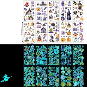 Luminous Halloween temporary tattoos showing glow-in-the-dark effects and size details