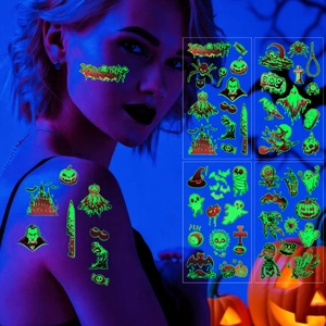 Luminous Halloween face tattoos featuring pumpkins, ghosts and spiders glowing in green